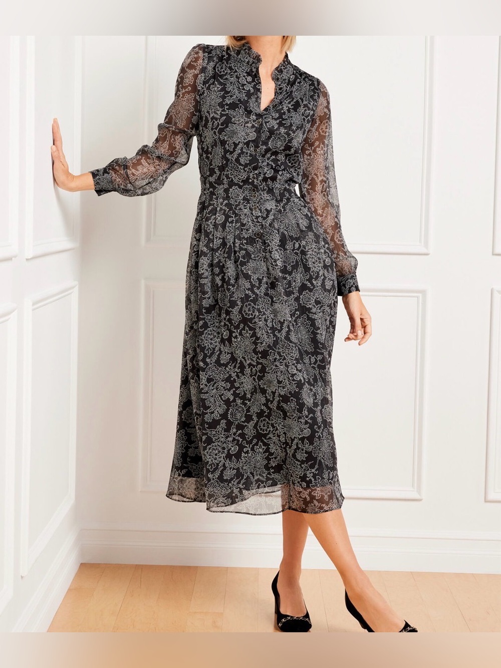 Talbots Black Dress with Gray Floral Lace Midi